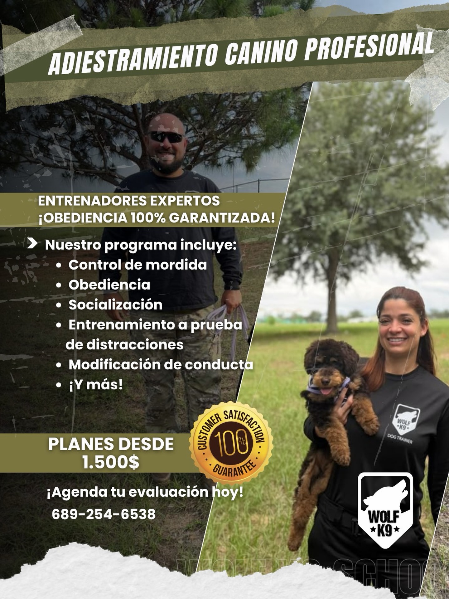 Promoción de adiestramiento canino profesional de Wolf K9 con José y Johanna, planes desde $1,500